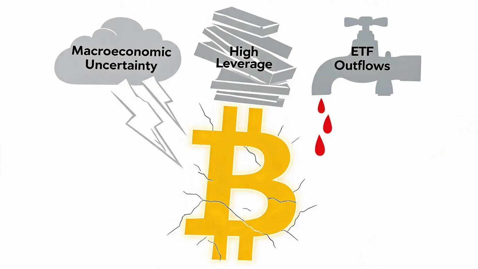 比特幣下跌三大導火線示意圖,包含宏觀經濟、過高槓桿和 ETF 資金流出。