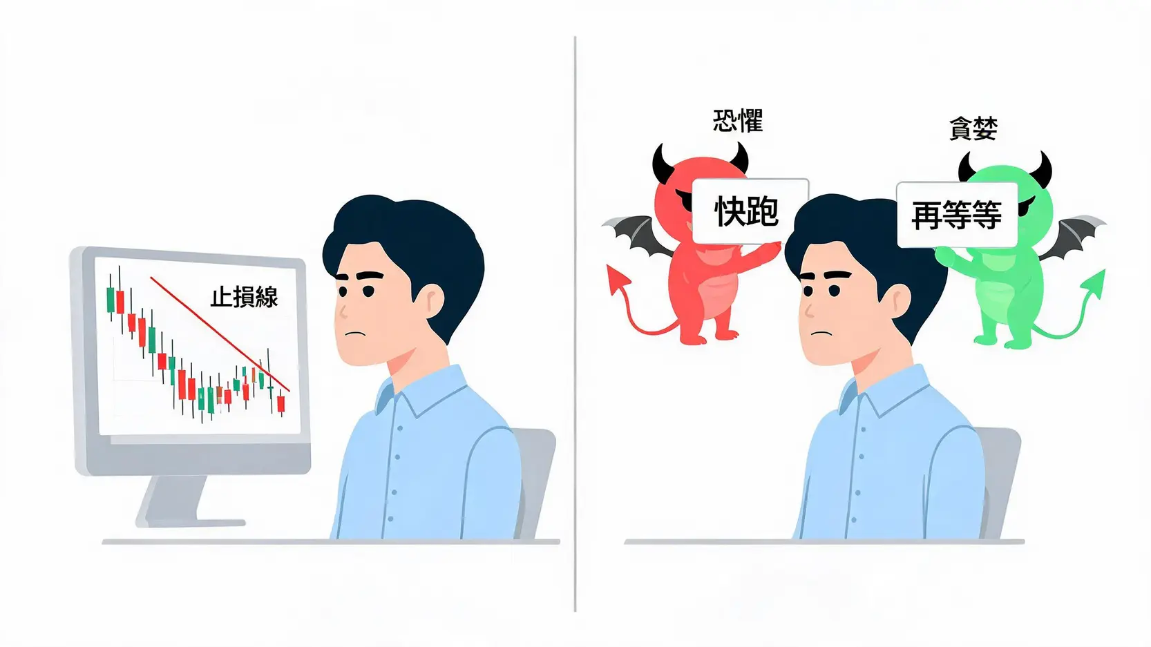 一位交易者在電腦前保持紀律，抵禦代表恐懼和貪婪的心理魔鬼的干擾。